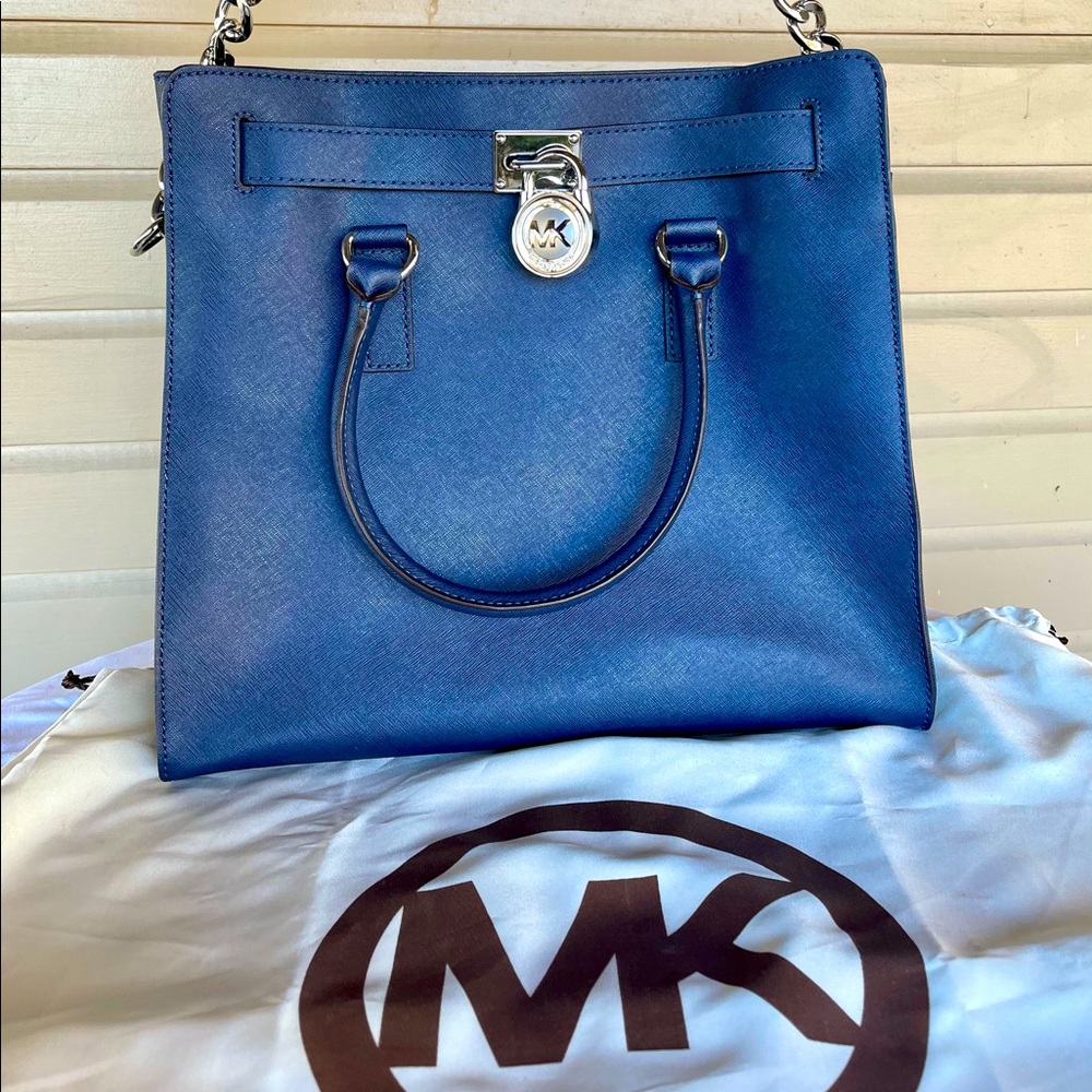 Michael Kors Navy Blue Hamilton Saffiano Leather Tote w/Silver Hardware
